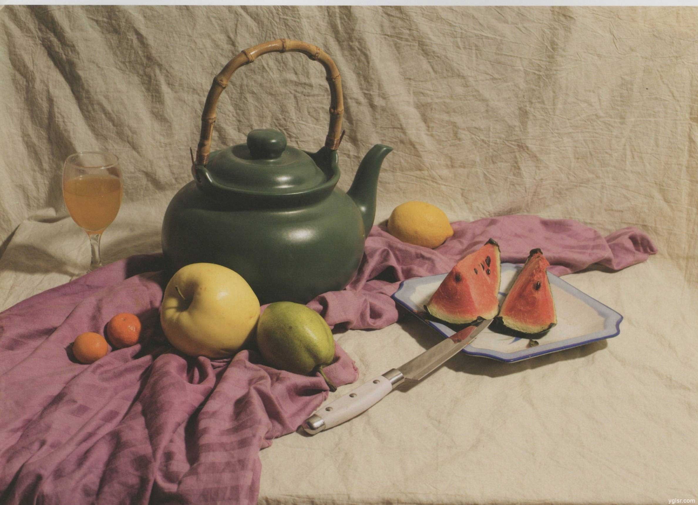 素描静物图片：陶瓷壶、水果玻璃杯等组合 超清-学习经验分享